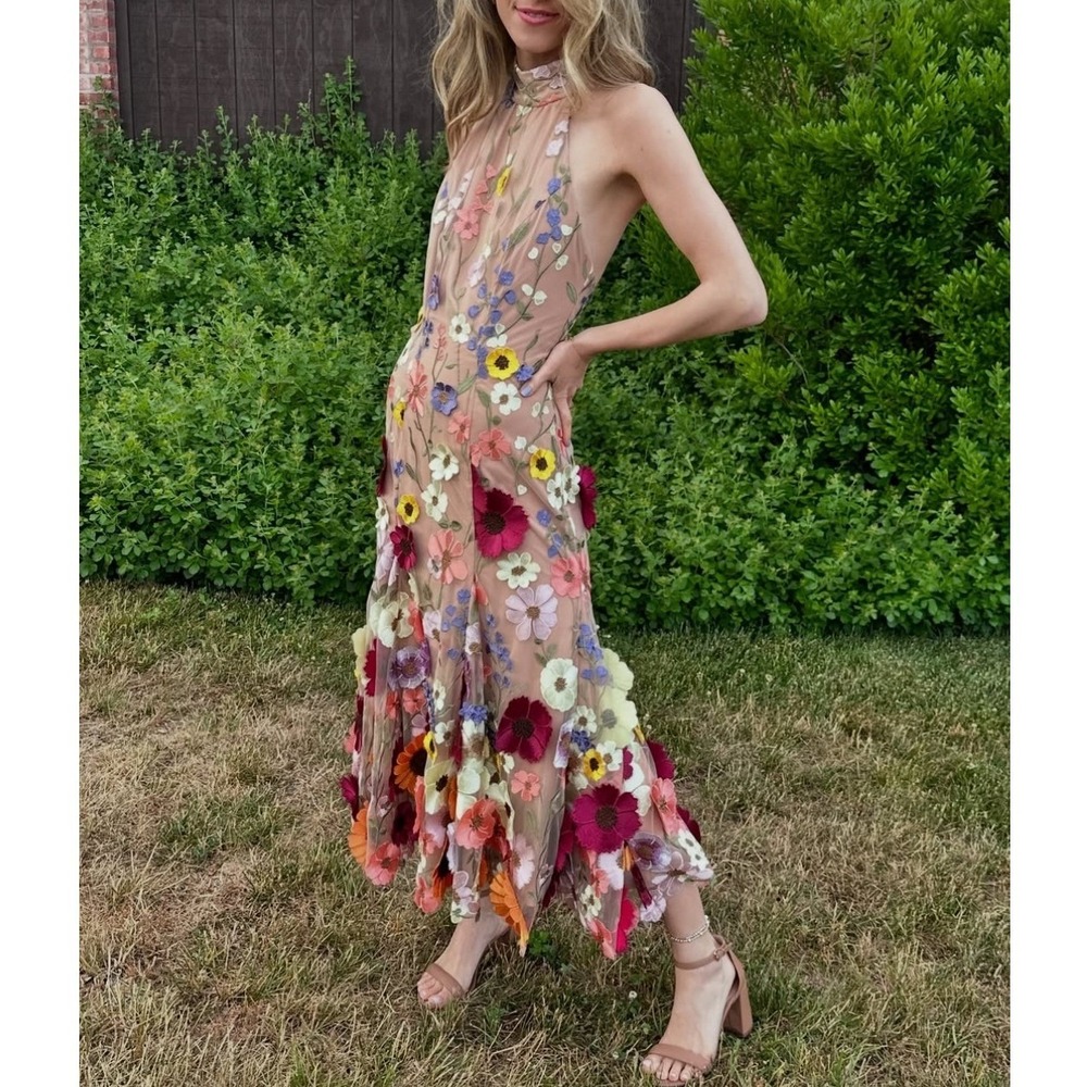 Milly Penelope 3D Floral Halter Midi Dress Size US 10 Wedding Guest Garden Party